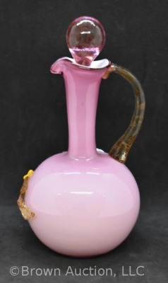 Art Glass 7.5"h pink cruet, Stevens and Williams-style applied floral decorations - 3