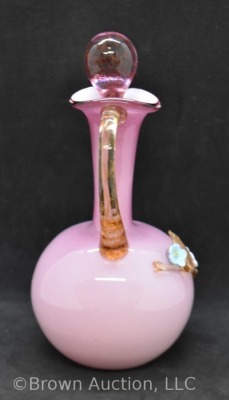 Art Glass 7.5"h pink cruet, Stevens and Williams-style applied floral decorations - 4