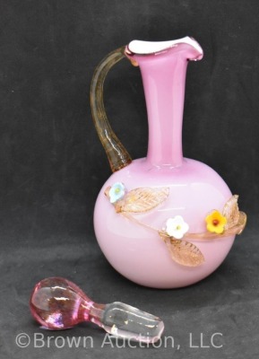 Art Glass 7.5"h pink cruet, Stevens and Williams-style applied floral decorations - 5