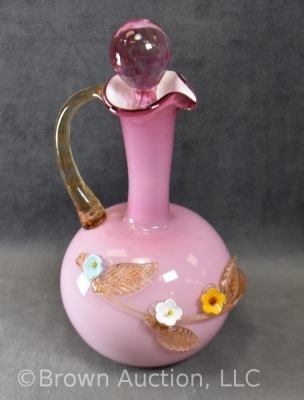 Art Glass 7.5"h pink cruet, Stevens and Williams-style applied floral decorations - 6