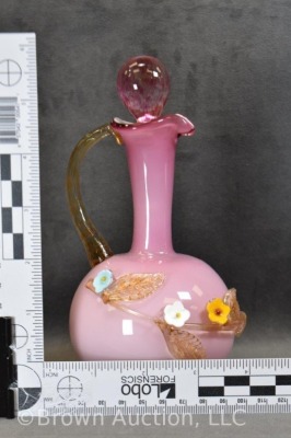 Art Glass 7.5"h pink cruet, Stevens and Williams-style applied floral decorations - 7