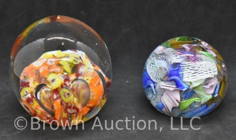 (2) Multicolor Art Glass Paperweights 1st w/Bubble Flower Orange/red/yellow Design