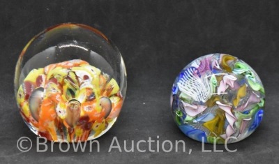 (2) Multicolor Art Glass Paperweights 1st w/Bubble Flower Orange/red/yellow Design - 2