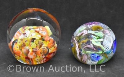 (2) Multicolor Art Glass Paperweights 1st w/Bubble Flower Orange/red/yellow Design - 3