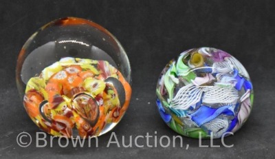 (2) Multicolor Art Glass Paperweights 1st w/Bubble Flower Orange/red/yellow Design - 4