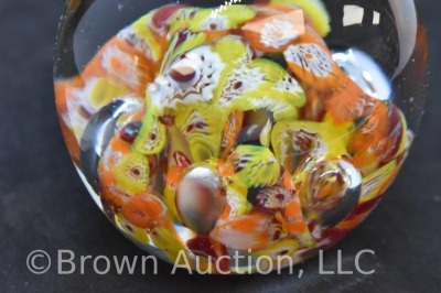 (2) Multicolor Art Glass Paperweights 1st w/Bubble Flower Orange/red/yellow Design - 5