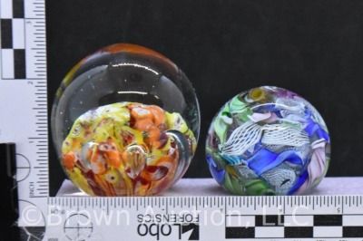 (2) Multicolor Art Glass Paperweights 1st w/Bubble Flower Orange/red/yellow Design - 7