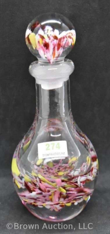 Paperweight-shaped multi-colored hand blown 7" bottle with stopper