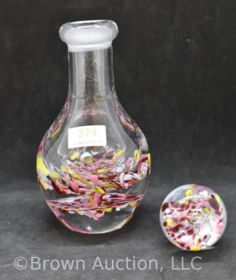 Paperweight-shaped multi-colored hand blown 7" bottle with stopper - 6