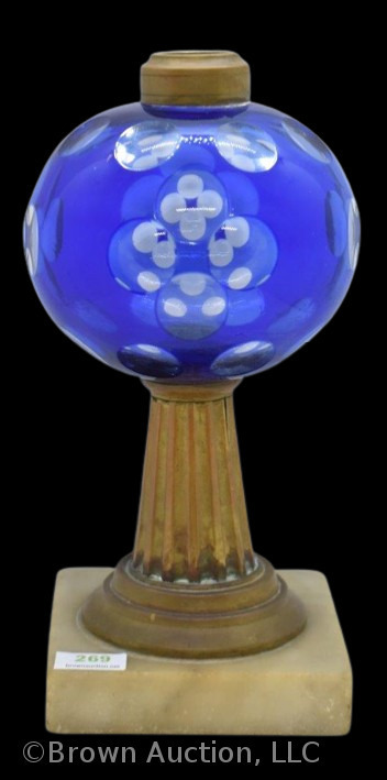 Cobalt cut-to-clear kerosene lamp on marble base, 9" tall