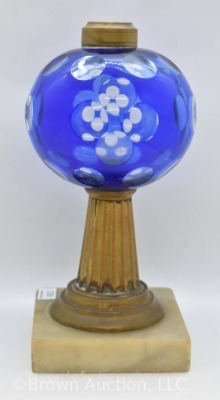 Cobalt cut-to-clear kerosene lamp on marble base, 9" tall - 2