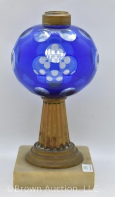 Cobalt cut-to-clear kerosene lamp on marble base, 9" tall - 4