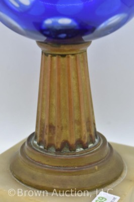 Cobalt cut-to-clear kerosene lamp on marble base, 9" tall - 6