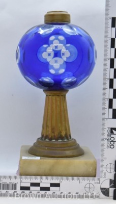 Cobalt cut-to-clear kerosene lamp on marble base, 9" tall - 9