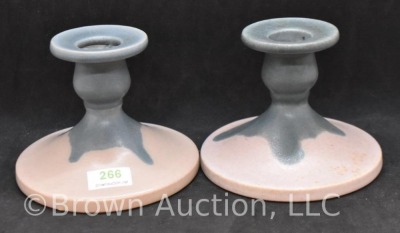 Pair of Roseville Carnelian I 1063-3" candleholders, pink w/ blue drip