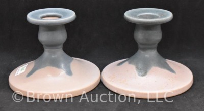 Pair of Roseville Carnelian I 1063-3" candleholders, pink w/ blue drip - 2