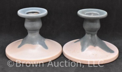 Pair of Roseville Carnelian I 1063-3" candleholders, pink w/ blue drip - 3