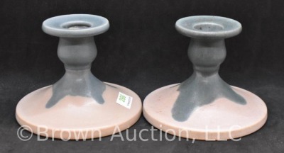 Pair of Roseville Carnelian I 1063-3" candleholders, pink w/ blue drip - 4