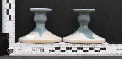 Pair of Roseville Carnelian I 1063-3" candleholders, pink w/ blue drip - 7