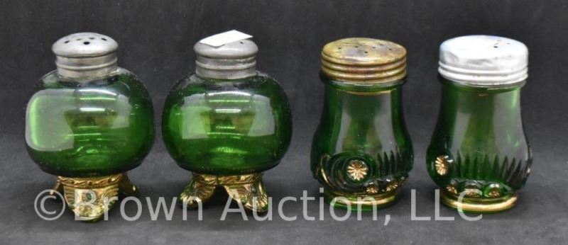 (2) EAPG salt and pepper sets, emerald green with gold