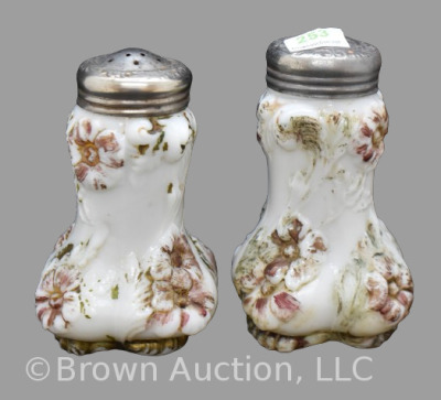 Westmoreland embossed milk glass Blooming Flowers salt and pepper set, 5" tall