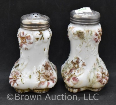 Westmoreland embossed milk glass Blooming Flowers salt and pepper set, 5" tall - 2