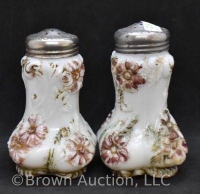 Westmoreland embossed milk glass Blooming Flowers salt and pepper set, 5" tall - 5