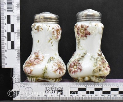 Westmoreland embossed milk glass Blooming Flowers salt and pepper set, 5" tall - 8