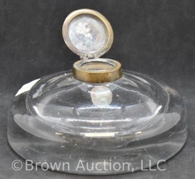 Clear glass 5" round dia. ink well with gold embossed lid - 5