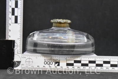 Clear glass 5" round dia. ink well with gold embossed lid - 7