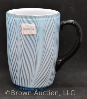 Mrkd. Fenton Pulled Feather 4.25" mug, blue with black handle - 3