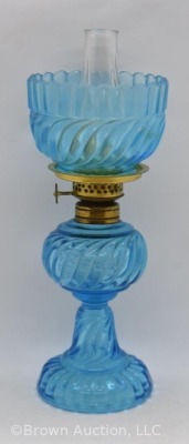 Blue glass in Ribbed Swirl pattern 7.5" miniature oil lamp