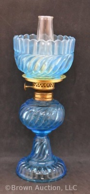 Blue glass in Ribbed Swirl pattern 7.5" miniature oil lamp - 2