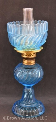 Blue glass in Ribbed Swirl pattern 7.5" miniature oil lamp - 3