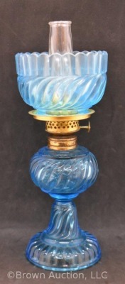 Blue glass in Ribbed Swirl pattern 7.5" miniature oil lamp - 4