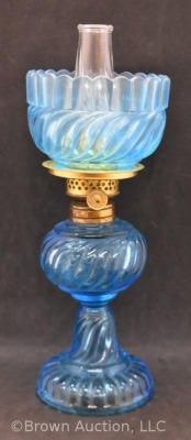 Blue glass in Ribbed Swirl pattern 7.5" miniature oil lamp - 5