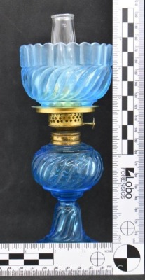 Blue glass in Ribbed Swirl pattern 7.5" miniature oil lamp - 8