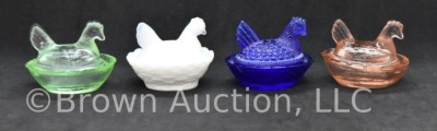 (4) Miniature hen on nest glass trinket/ salt dishes, 2" - 3