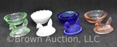 (4) Miniature hen on nest glass trinket/ salt dishes, 2" - 5