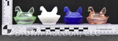 (4) Miniature hen on nest glass trinket/ salt dishes, 2" - 14