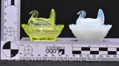 (2) Miniature turkeys on nest glass trinket/ salt dishes - 10