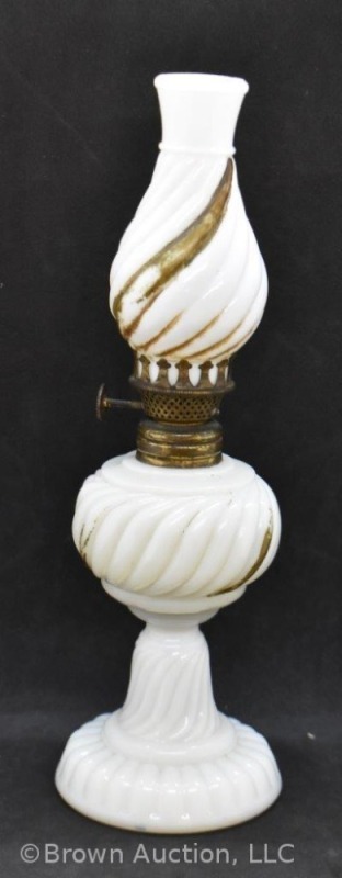 Milk glass in swirl pattern 9" miniature oil lamp