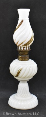 Milk glass in swirl pattern 9" miniature oil lamp - 2