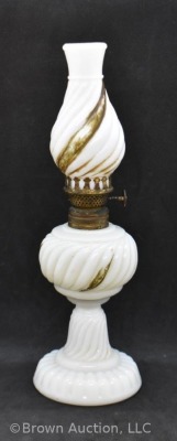 Milk glass in swirl pattern 9" miniature oil lamp - 3