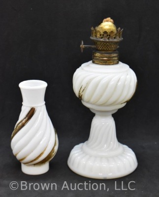 Milk glass in swirl pattern 9" miniature oil lamp - 5