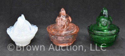 (3) Miniature bunny on nest glass trinket/ salt dishes, 2.5" - 2