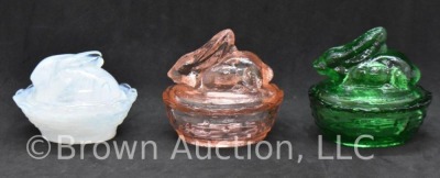 (3) Miniature bunny on nest glass trinket/ salt dishes, 2.5" - 3