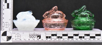 (3) Miniature bunny on nest glass trinket/ salt dishes, 2.5" - 12