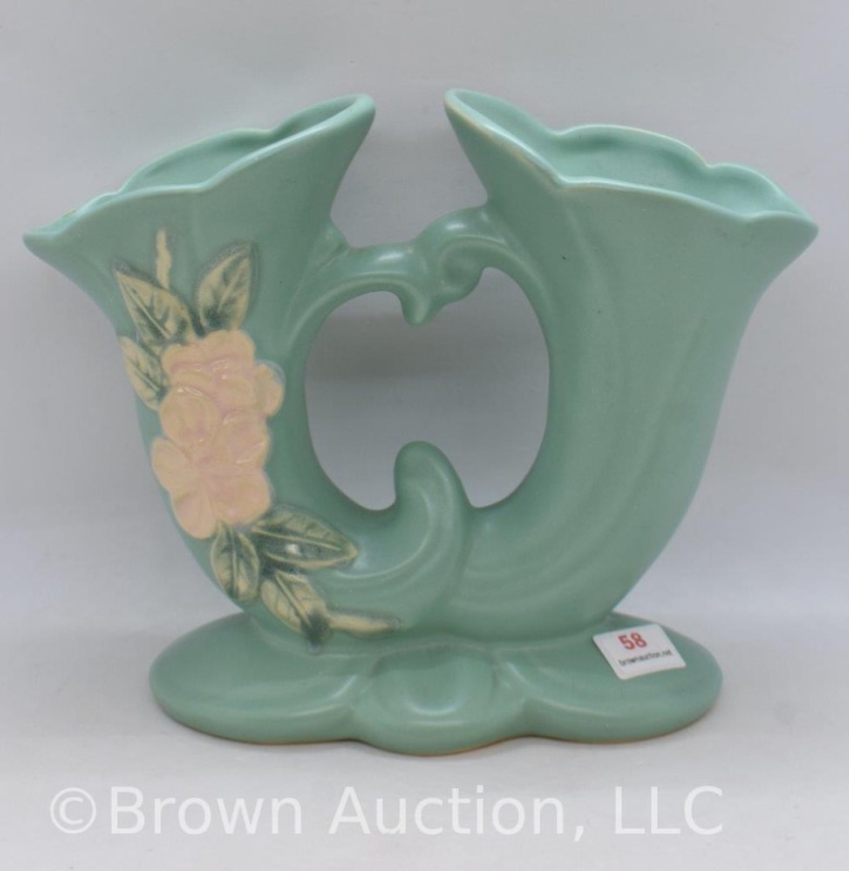 Mrkd. Weller Blossom green 6.5" dbl. cornucopia