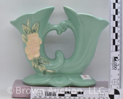 Mrkd. Weller Blossom green 6.5" dbl. cornucopia - 7